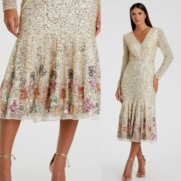 Mac Duggal Dresses & Skirts - Mac Duggal A5589 Faux Wrap Long Sleeve Tea Length Sequin Beaded Midi Dress 8